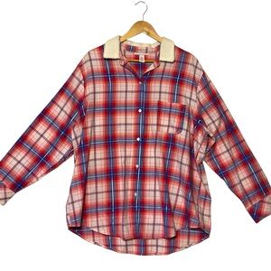 VICTORIA’S SECRET sz Large Pajama Top Plaid Faux Fur Collar Button Front  Red +
